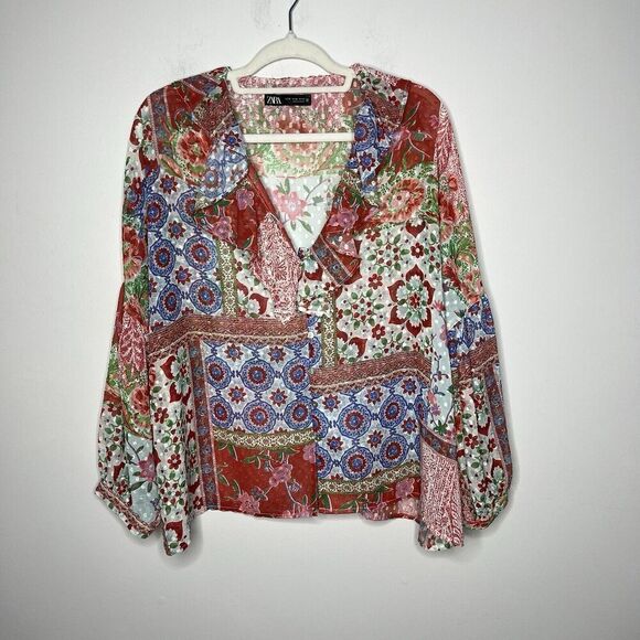 Zara Top Womens XL Patchwork Floral V Neck Ruffle Boho Swiss Dot Chiffon Blouse - Picture 11 of 16
